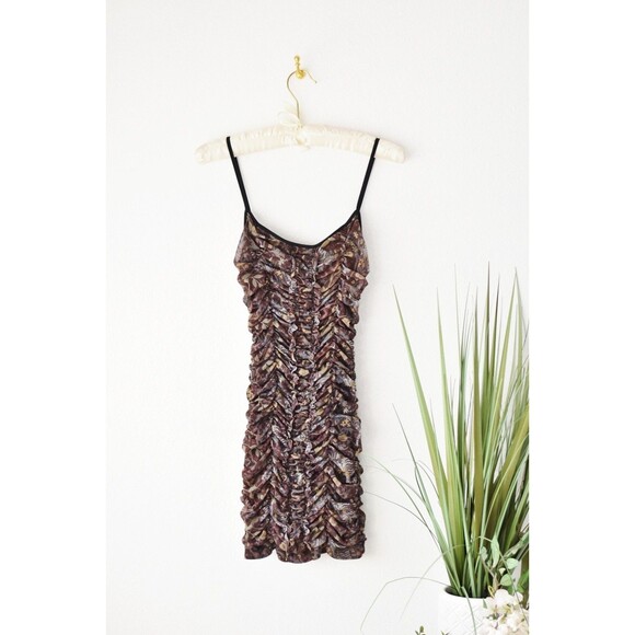 Urban Outfitters Mini Dress Weekend S Brown Floral Ruched Bodycon - Picture 1 of 8